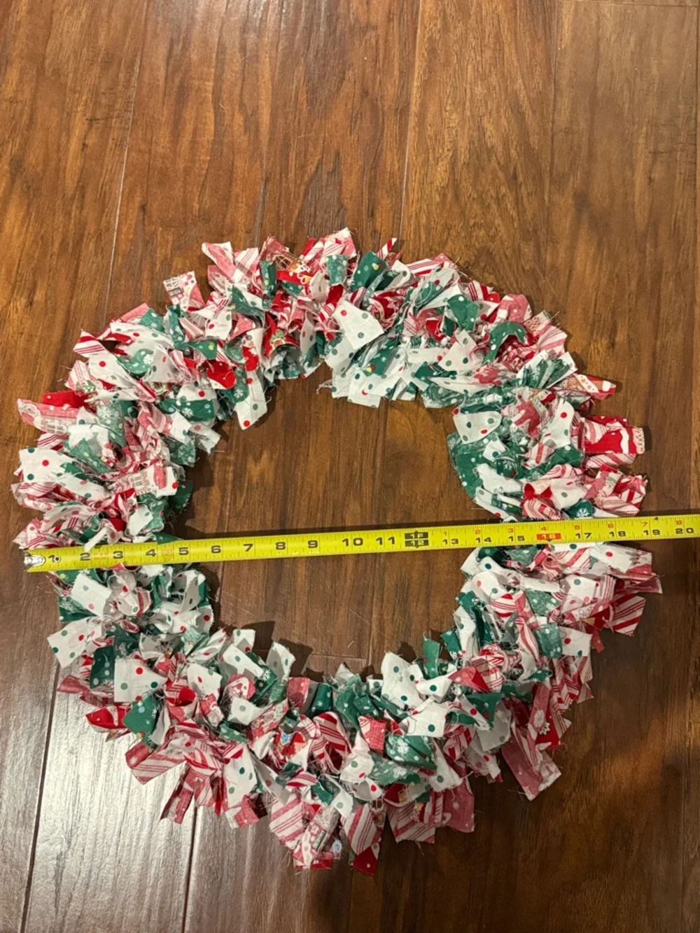 Homemade!! Tied Festive Red, Green & White Holiday Rag Wreath